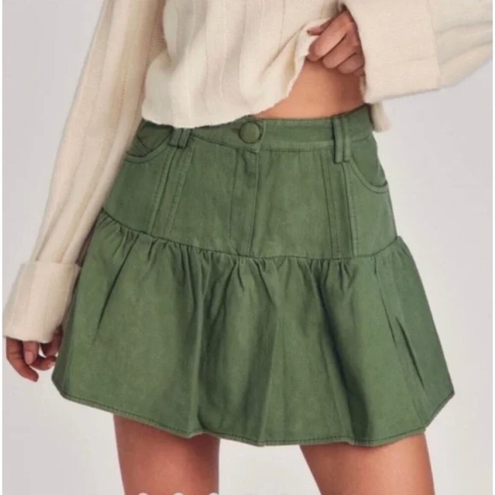 LoveShackFancy Olive Green Tiered Mini Skirt